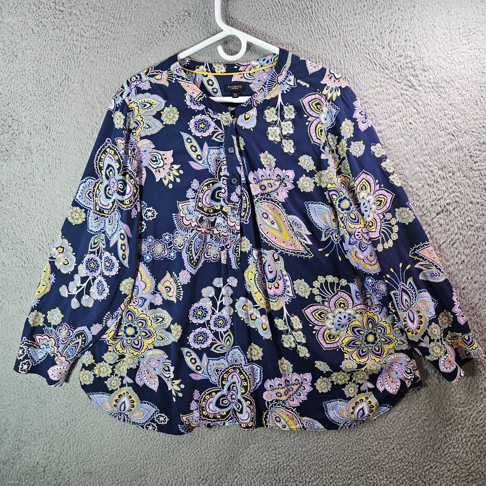 Talbots Tonic Top Blouse Women 3X Petite Plus Geometric Print Navy Pink